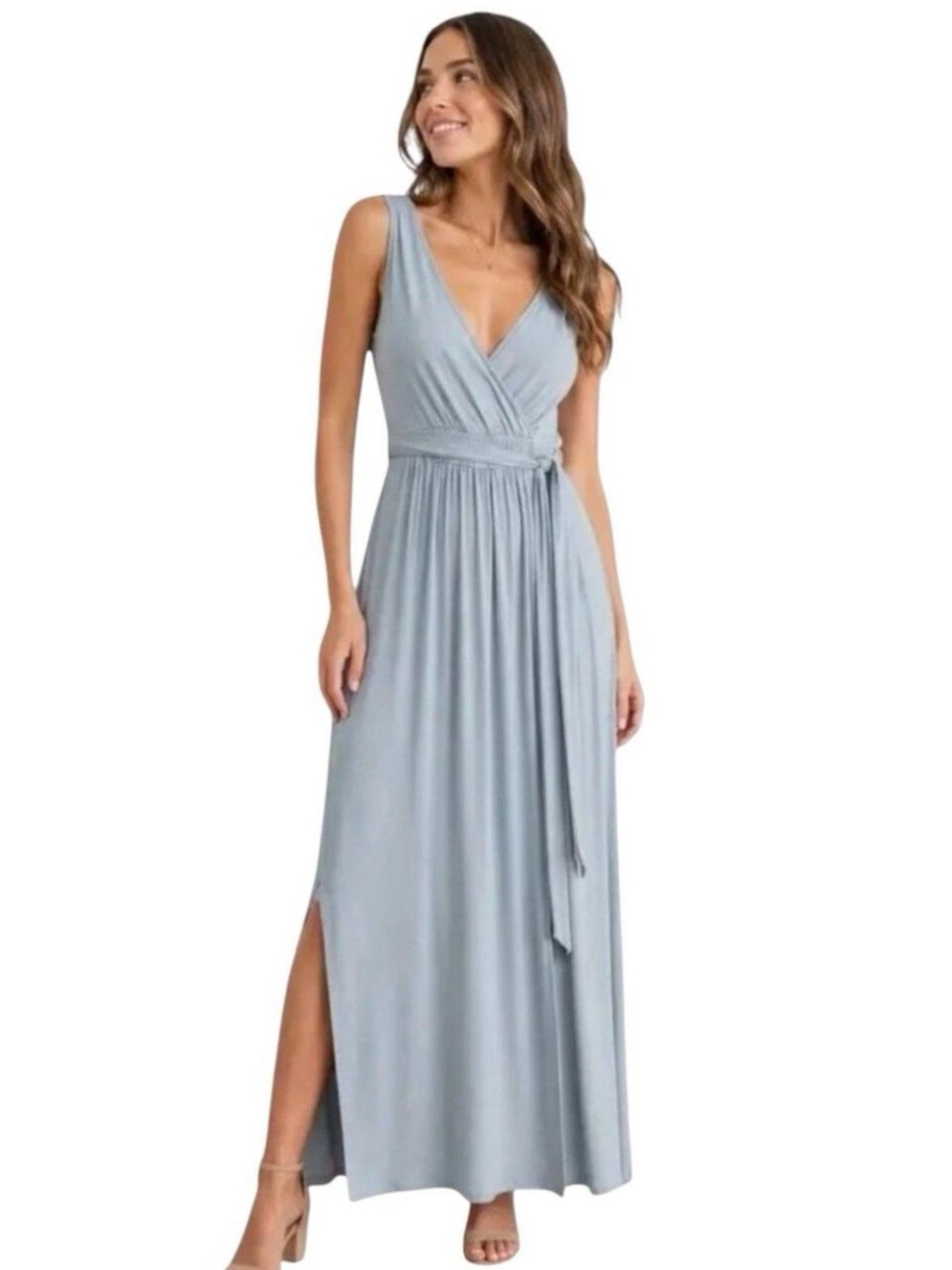 Lulus Dusty Mint V-neck Tie Waist Jersey Maxi Dress Size Small NWT